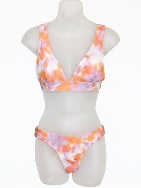Simons Tie Dye Bikini Set Pastel Pink Orange Vneck Bralette Cheeky Bottom Small
